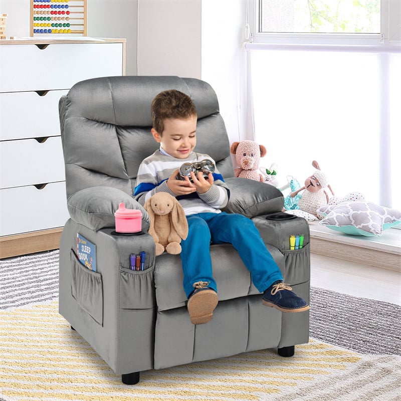 Kids Recliner Chair Adjustable Velvet Lounge Sofa with Cup Holders, 3 Pockets, Retractable Footrest, Toddler Furniture Sofa for Boys Girls Room