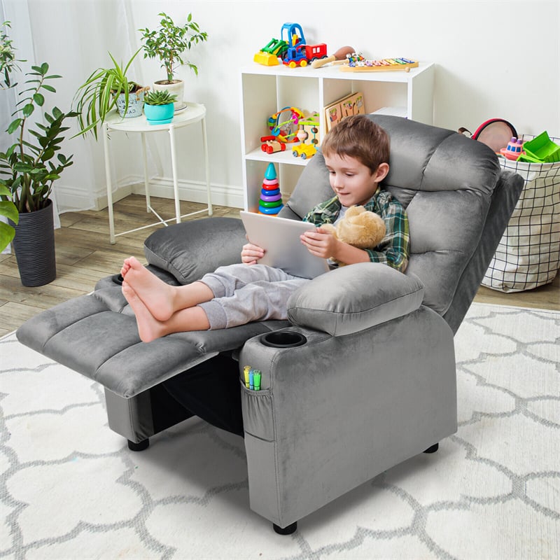 Kids Recliner Chair Adjustable Velvet Lounge Sofa with Cup Holders, 3 Pockets, Retractable Footrest, Toddler Furniture Sofa for Boys Girls Room