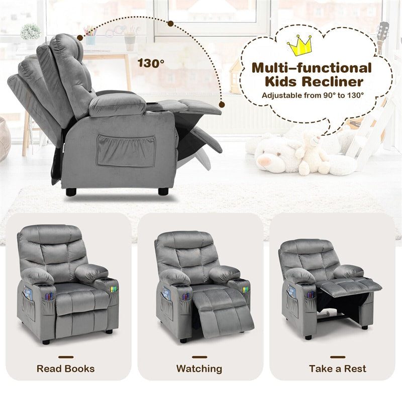 Kids Recliner Chair Adjustable Velvet Lounge Sofa with Cup Holders, 3 Pockets, Retractable Footrest, Toddler Furniture Sofa for Boys Girls Room