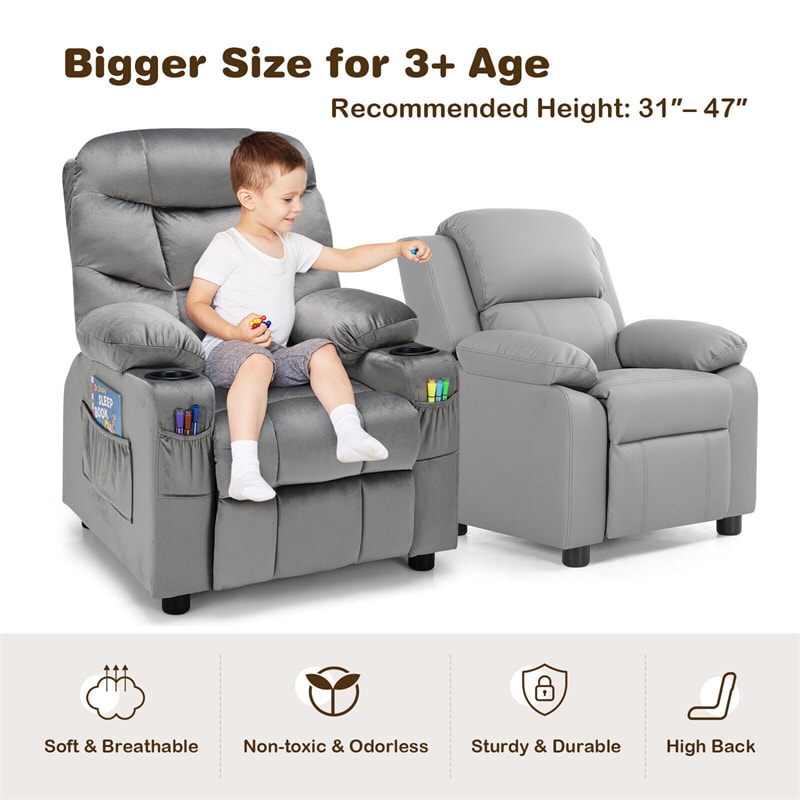 Kids Recliner Chair Adjustable Velvet Lounge Sofa with Cup Holders, 3 Pockets, Retractable Footrest, Toddler Furniture Sofa for Boys Girls Room