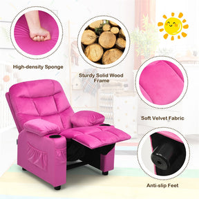 Kids Recliner Chair Adjustable Velvet Lounge Sofa with Cup Holders, 3 Pockets, Retractable Footrest, Toddler Furniture Sofa for Boys Girls Room