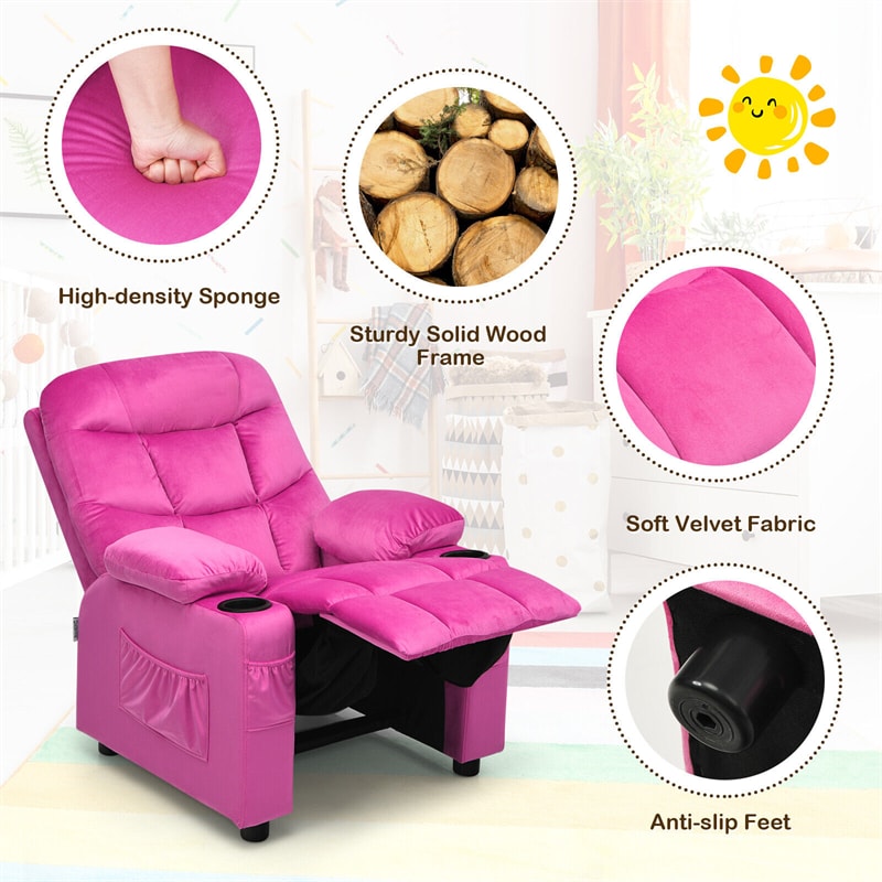 Kids Recliner Chair Adjustable Velvet Lounge Sofa with Cup Holders, 3 Pockets, Retractable Footrest, Toddler Furniture Sofa for Boys Girls Room