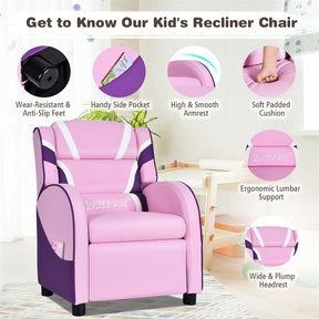 Kids Recliner Chair, Adjustable PU Leather Gaming Sofa with Footrest, Lumbar Support & Side Pockets, Ergonomic Children Lounge Armchair