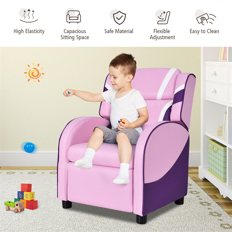 Kids Recliner Chair, Adjustable PU Leather Gaming Sofa with Footrest, Lumbar Support & Side Pockets, Ergonomic Children Lounge Armchair