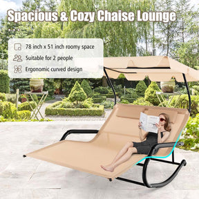 2-Person Patio Hammock Bed Swing Chair Extra Large Outdoor Rocking Chaise Lounge with Adjustable Canopy and Wheels