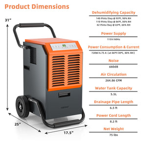 140 PPD Portable Commercial Dehumidifier with 1.45 Gallon Water Tank & 6.5 Ft Drainage Pipe