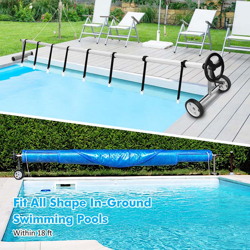 18 FT Solar Pool Cover Reel Set with Hand Crank & Wheels, Aluminum Solar Swimming Inground Cover Blanket Reel Roller