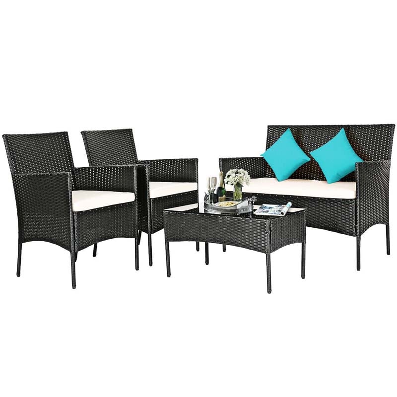 4 Pcs Rattan Patio Conversation Furniture Set Wicker Outdoor Sofa Set with Cushions & Coffee Table