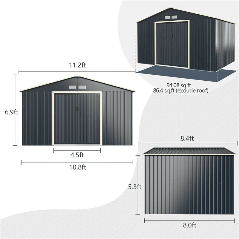 11 x 8 FT Large Outdoor Metal Storage Shed with 4 Air Vents & Sliding Double Lockable Doors, Backyard Tool Shed Garden Storage House