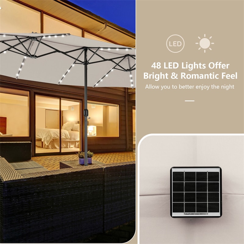 15 FT Large Outdoor Patio Table Umbrella with 48 Solar LED Lights & Crank, Double-Sided Metal Deck Pool Umbrella