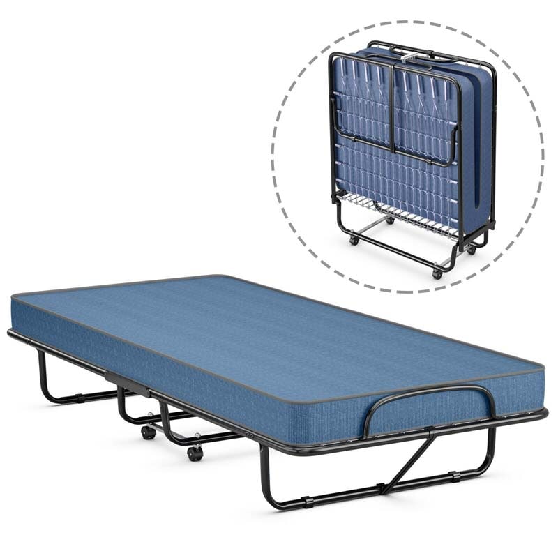 79" x 39" Rollaway Folding Bed with 5" Memory Foam Mattress, Twin Size Portable Guest Bed with Wheels