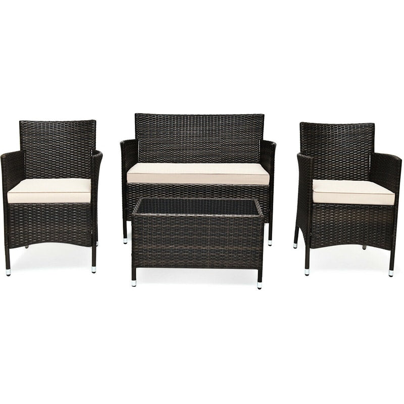 4 Pcs Rattan Wicker Patio Conversation Sets with Loveseat, Single Sofas, Coffe Table, Outdoor Bistro Set