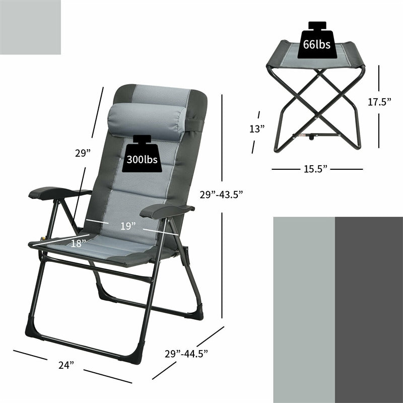 2-Pack Patio Folding Dining Chairs with Ottoman, Headrest, Mesh Bag, 7-Position Outdoor Portable Recliner Lawn Lounge Chair