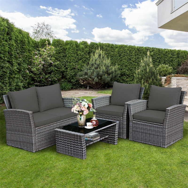 4 Pcs Rattan Patio Sectional Furniture Set with Storage Shelf Table, Cushioned Outdoor Wicker Conversation Sofa Set