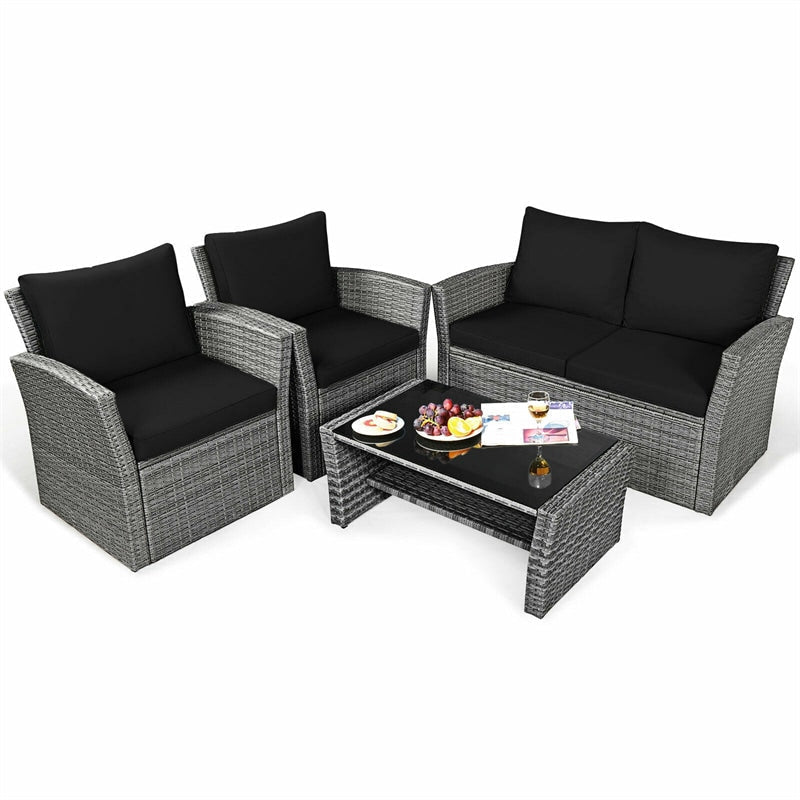 Canada Only - 4 Pcs Rattan Cushioned Patio Sofa Set Table with Storage Shelf