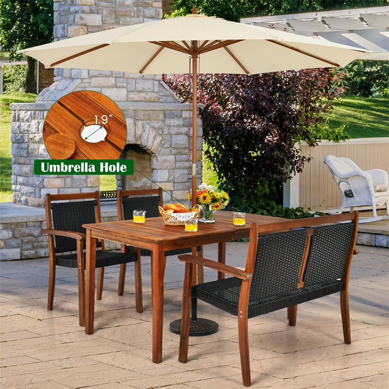 4 Pcs Rattan & Acacia Wood Outdoor Patio Dining Table Set with Loveseat & 2 Armchairs, Umbrella Hole