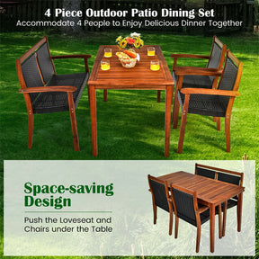 4 Pcs Rattan & Acacia Wood Outdoor Patio Dining Table Set with Loveseat & 2 Armchairs, Umbrella Hole