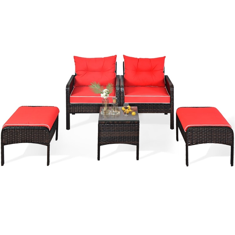 5 Pcs Rattan Patio Conversation Sets with Ottomans & Coffee Table, Wicker Outdoor Bistro Set