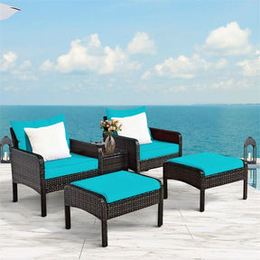 5 Pcs Rattan Patio Conversation Sets with Ottomans & Coffee Table, Wicker Outdoor Bistro Set