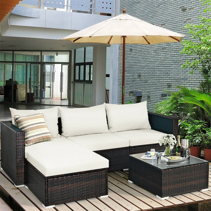 Canada Only - 5 Pcs Rattan Patio Sectional Furniture Set with Cushions & Coffee Table