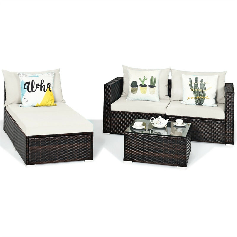 5 Pcs Rattan Wicker Outdoor Patio Sectional Furniture Set with Coffee Table & Cushions