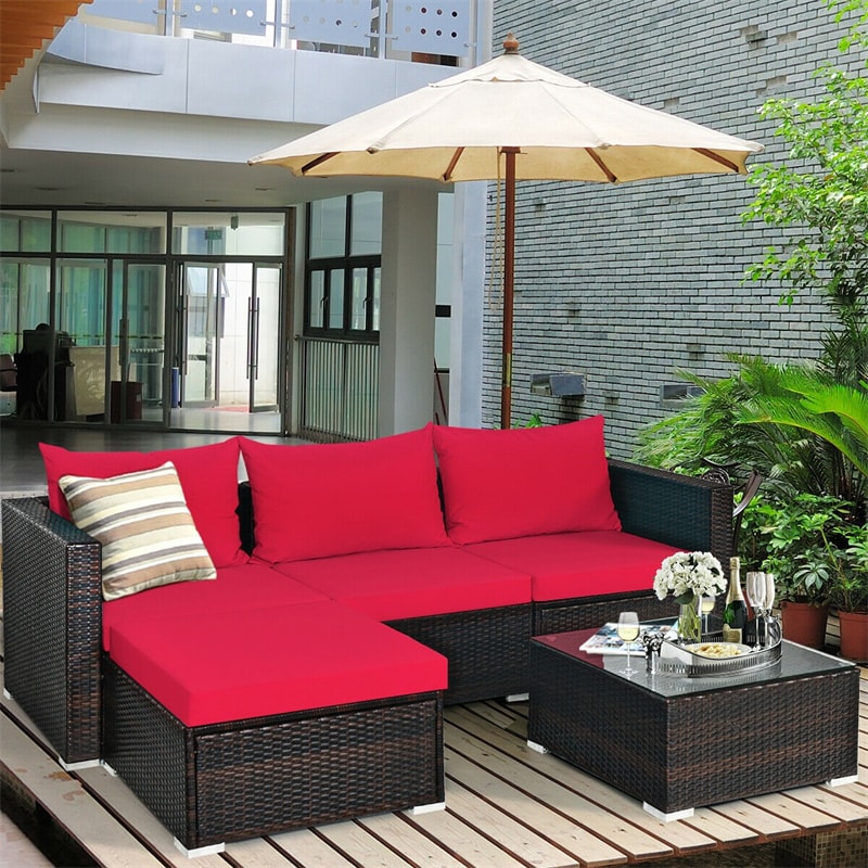 Canada Only - 5 Pcs Rattan Patio Sectional Furniture Set with Cushions & Coffee Table