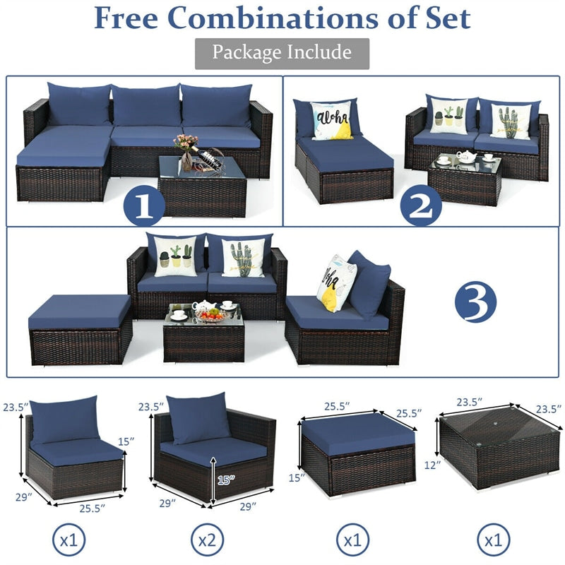 5 Pcs Rattan Wicker Outdoor Patio Sectional Furniture Set with Coffee Table & Cushions