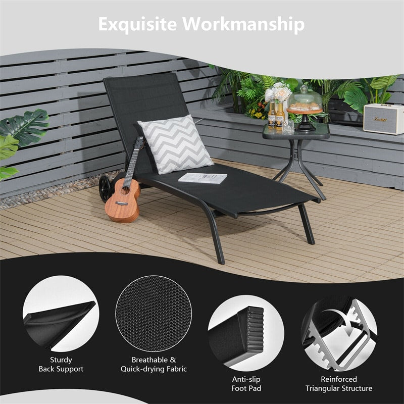 Quick-Drying Outdoor Chaise Lounge Chair with Wheels, 6-Position Patio Beach Pool Lounge Chair Lawn Sun Lounger