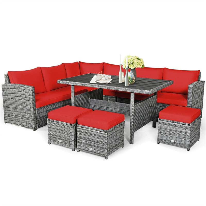 7 Pcs Rattan Patio Dining Furniture Sectional Sofa Set with Dining Table, Ottomans & Cushions