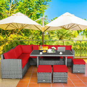 7 Pcs Rattan Patio Dining Furniture Sectional Sofa Set with Dining Table, Ottomans & Cushions