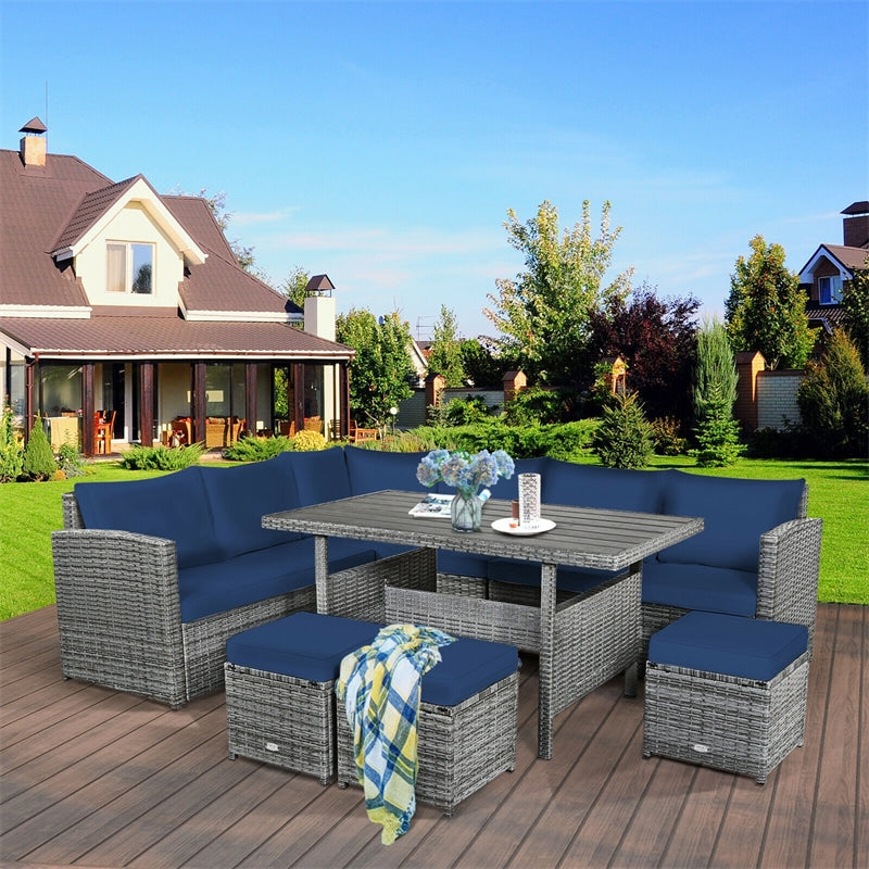 7 Pcs Rattan Patio Dining Furniture Sectional Sofa Set with Dining Table, Ottomans & Cushions