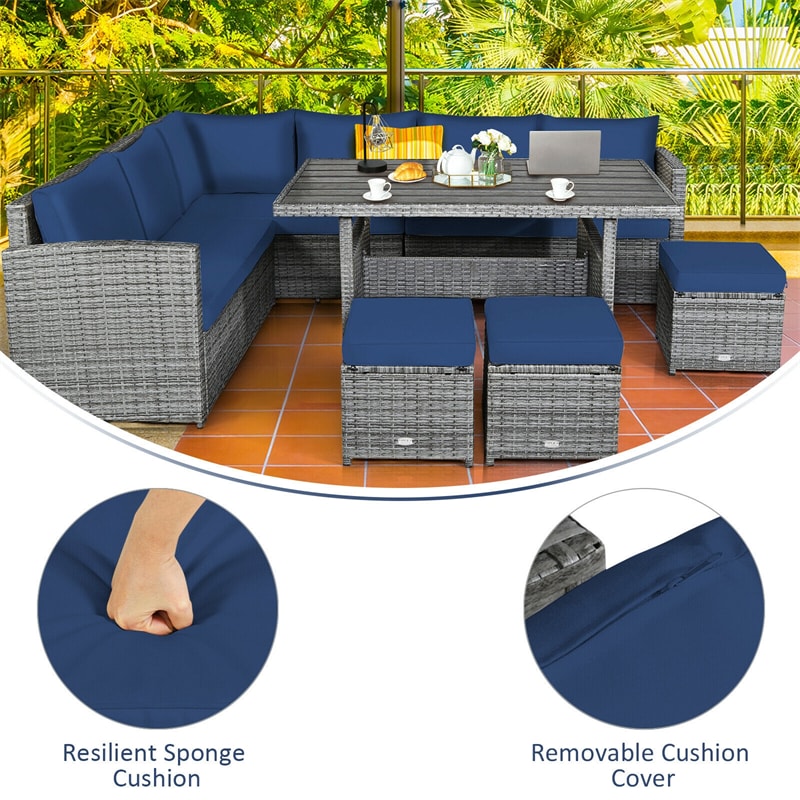 Canada Only - 7 Pcs Rattan Patio Dining Furniture Sectional Sofa Set with Ottomans & Cushions