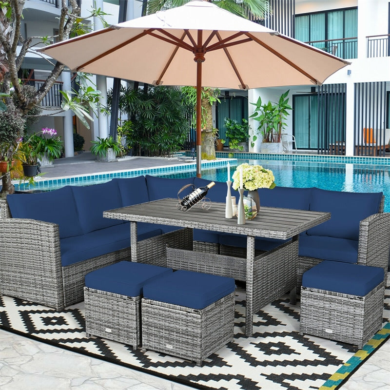 7 Pcs Rattan Patio Dining Furniture Sectional Sofa Set with Dining Table, Ottomans & Cushions