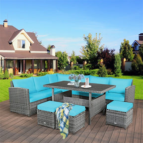 7 Pcs Rattan Patio Dining Furniture Sectional Sofa Set with Dining Table, Ottomans & Cushions