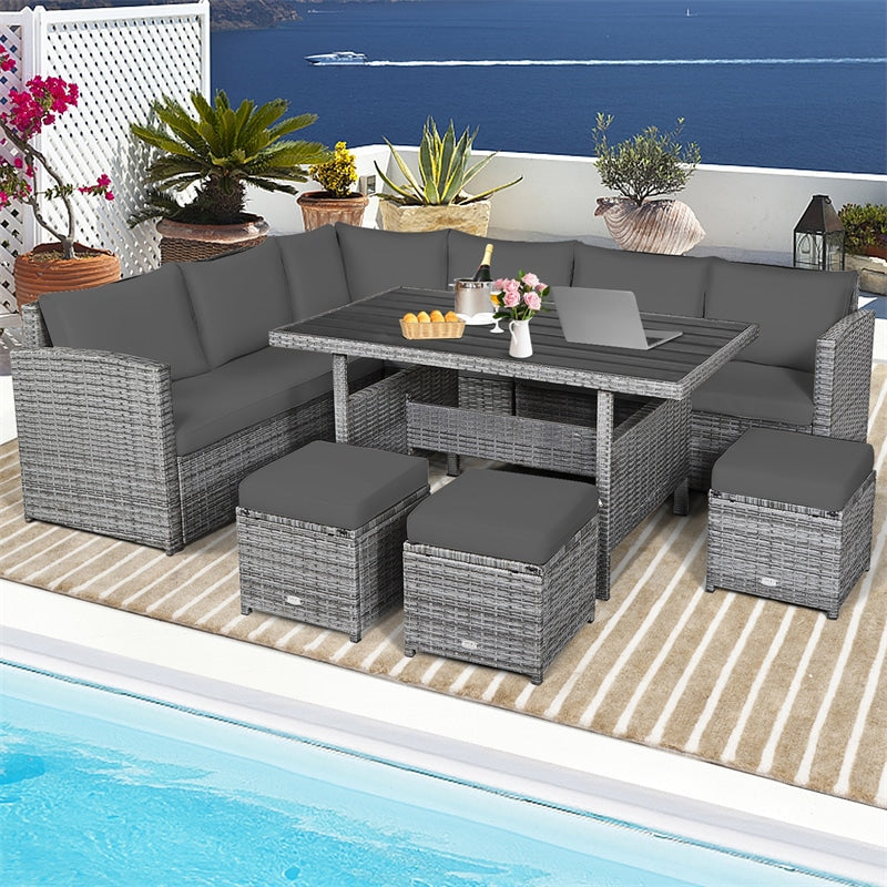 7 Pcs Rattan Patio Dining Furniture Sectional Sofa Set with Dining Table, Ottomans & Cushions