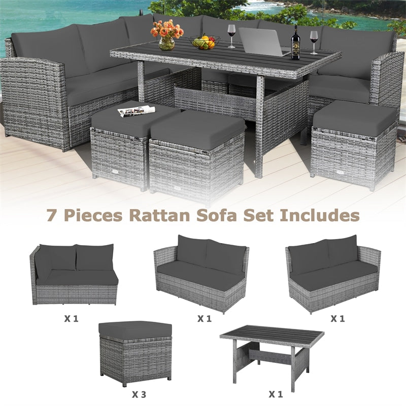 7 Pcs Rattan Patio Dining Furniture Sectional Sofa Set with Dining Table, Ottomans & Cushions