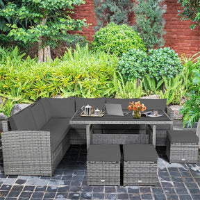 7 Pcs Rattan Patio Dining Furniture Sectional Sofa Set with Dining Table, Ottomans & Cushions