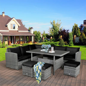 Canada Only - 7 Pcs Rattan Patio Dining Furniture Sectional Sofa Set with Ottomans & Cushions