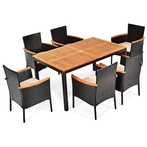 7 Pcs Rattan Patio Dining Set with Umbrella Hole, Acacia Wood Tabletop & Cushioned Stackable Armchairs
