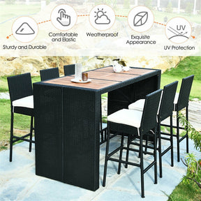 Canada Only - 7 Pcs Rattan Patio Bar Dining Set with Acacia Wood Tabletop & Cushions