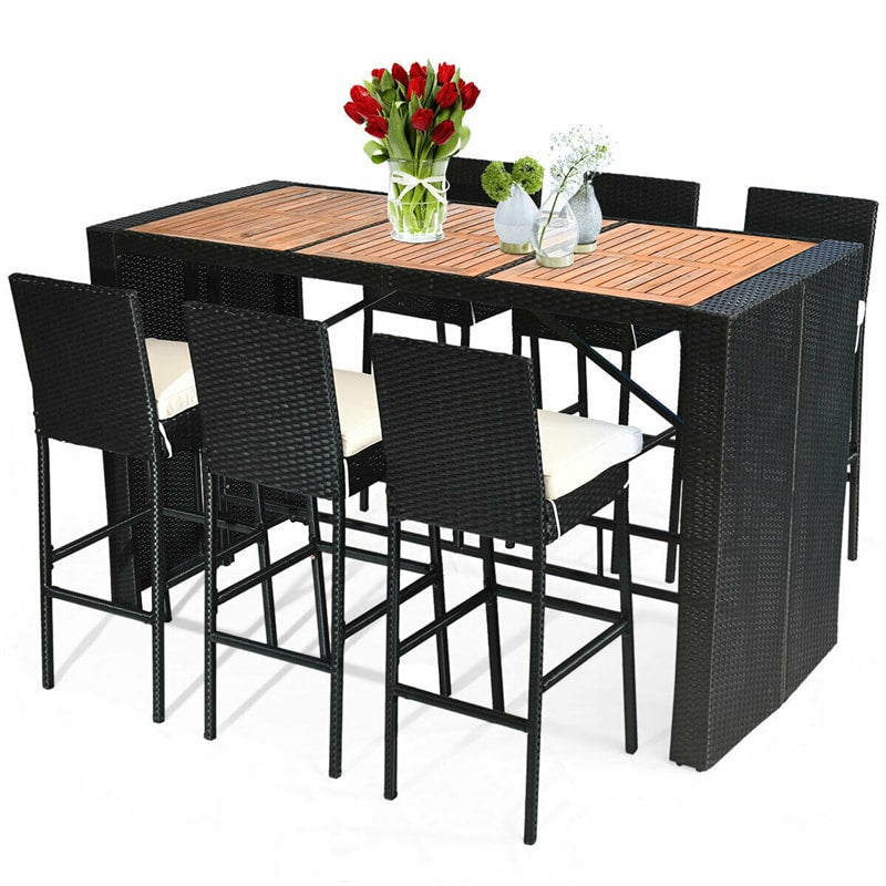 7 Pcs Rattan Patio Bar Set Dining Table Set with Acacia Wood Tabletop & Bar Stools, Soft Cushions