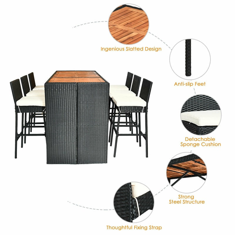 Canada Only - 7 Pcs Rattan Patio Bar Dining Set with Acacia Wood Tabletop & Cushions
