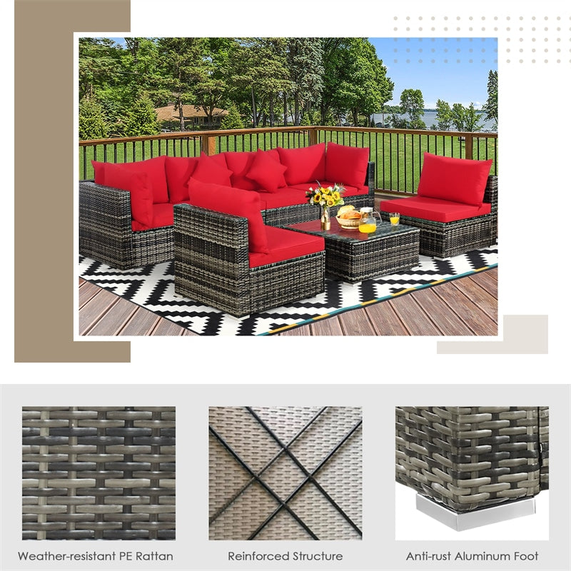 7 Pcs Rattan Patio Sectional Couch Set Outdoor Wicker Furniture Set with Cushions & Coffee Table