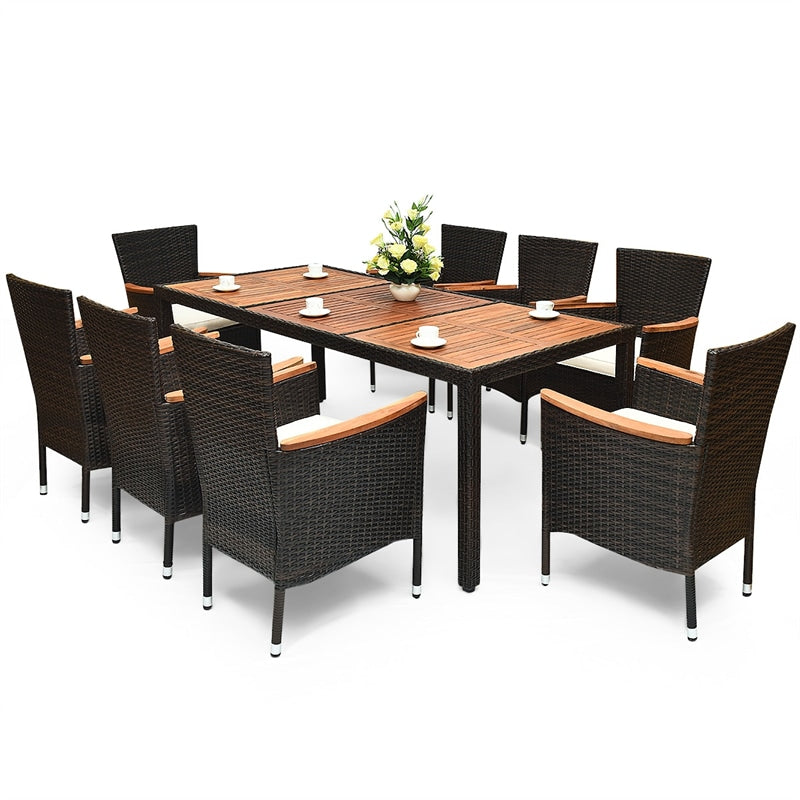9 Pcs Rattan Patio Dining Set with Acacia Wood Tabletop & Cushioned Stackable Armchairs
