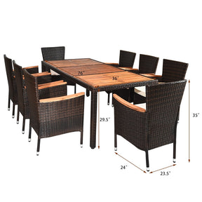 9 Pcs Rattan Patio Dining Set with Acacia Wood Tabletop & Cushioned Stackable Armchairs