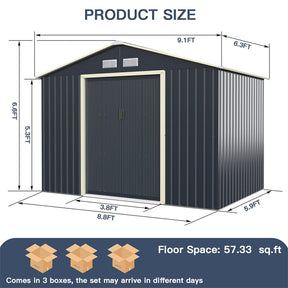 9 x 6 FT Outdoor Metal Storage Shed with 4 Air Vents & Sliding Double Lockable Doors, Backyard Tool Shed Garden Storage House