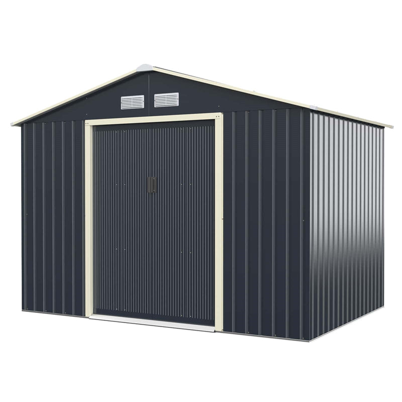 9 x 6 FT Outdoor Metal Storage Shed with 4 Air Vents & Sliding Double Lockable Doors, Backyard Tool Shed Garden Storage House