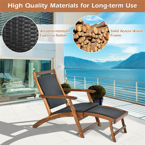 Acacia Wood Rattan Folding Outdoor Chaise Lounge Chair with Retractable Footrest, Pool Lounge Chair Patio Sun Lounger