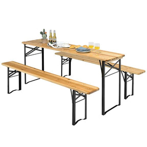 70'' 3 Pcs Folding Picnic Table Bench Set, Portable Beer Table with Seating Set, Wooden Top Outdoor Dining Table Set