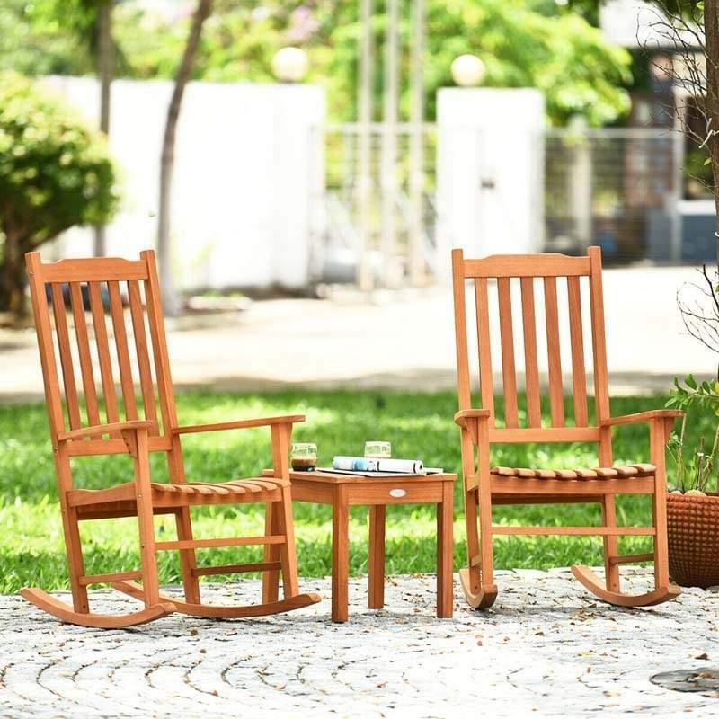 3 Pcs Eucalyptus Rocking Chair Set Outdoor Bistro Set with Accent Coffee Table